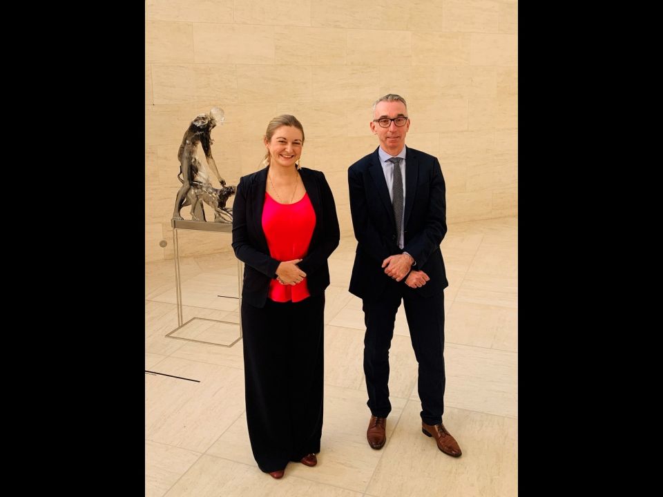 (left to right) HRH Hereditary Grand Duchess of Luxembourg Princess Stéphanie, outgoing President and Honorary President of the Board of Directors of the Mudam ; Patrick Majerus, new President of the Board of Directors 